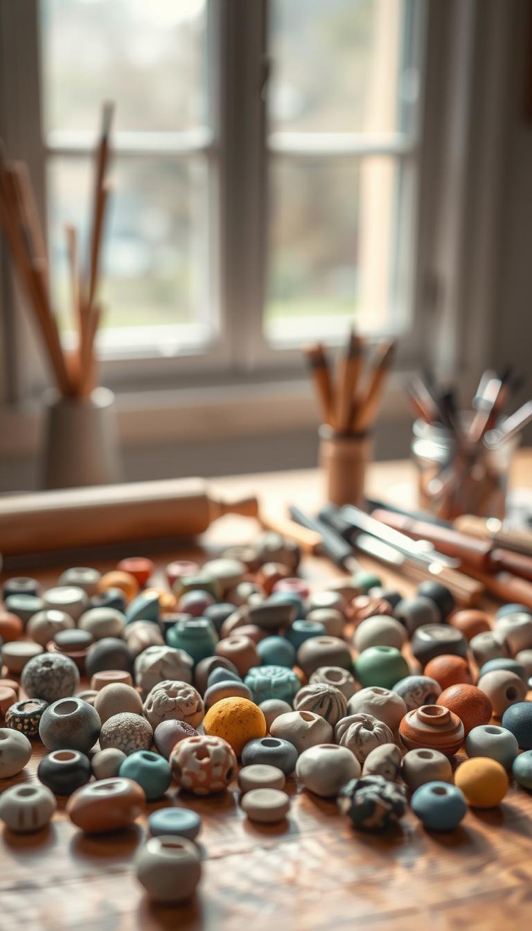 A well-lit, detailed still life of a clay bead crafting station. In the foreground, a variety of handcrafted clay beads in various colors, shapes, and textures are arranged neatly on a wooden surface. In the middle ground, a set of clay sculpting tools, including a rolling pin, a bead roller, and a set of fine-tipped tools, are positioned nearby. The background features a soft, blurred window view, allowing natural light to pour in and create a warm, inviting atmosphere. The overall scene conveys a sense of artisanal craft and the joy of creating handmade jewelry.