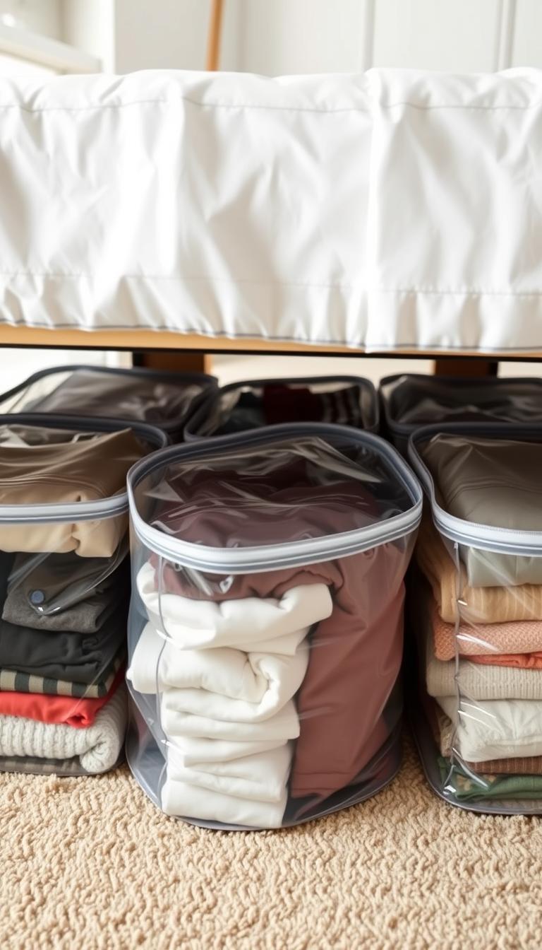 A well-lit, high-angle photograph showcasing a neatly organized under-bed storage area. In the foreground, several large, transparent zippered storage bags are visible, filled with neatly folded linens, blankets, and seasonal clothing. The bags are positioned in a visually pleasing arrangement, creating a sense of orderliness and efficiency. The middle ground features the edge of a low-profile bed frame, with the storage bags tucked neatly underneath. The background depicts a clean, minimalist bedroom interior, with soft, diffused lighting illuminating the scene. The overall mood is one of calm, organized tranquility, highlighting the practical and space-saving benefits of this type of low-cost home storage solution.