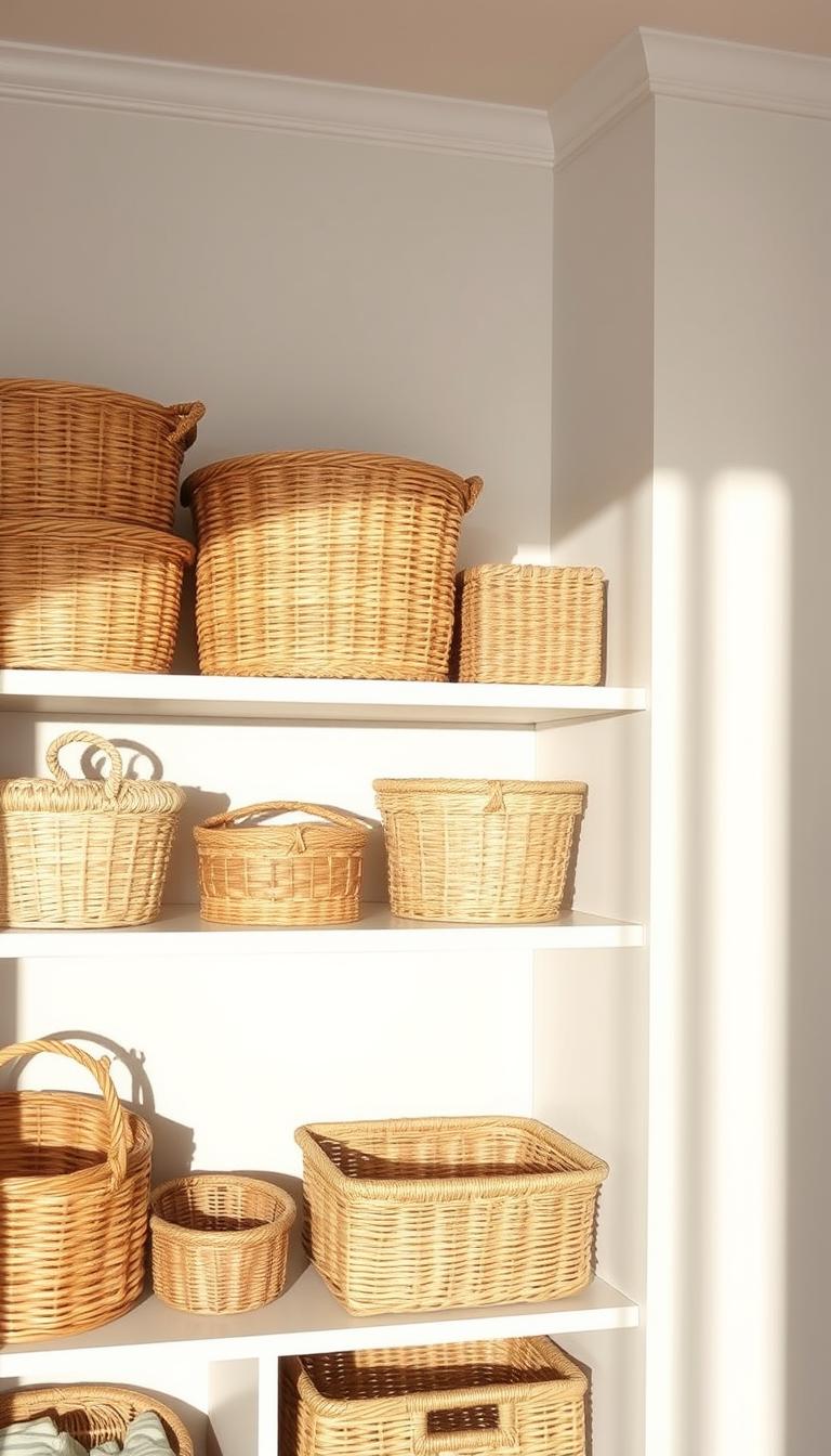 A well-lit home interior with a focus on a set of woven baskets arranged on shelves, providing efficient storage solutions. The baskets are of varying sizes and textures, complementing the neutral color palette of the room. Soft, directional lighting from above casts warm shadows, highlighting the natural materials and creating a serene, organized atmosphere. The shelves are positioned at eye level, making the baskets easily accessible. The overall scene conveys a sense of tidiness and control over clutter, fitting the "use baskets to catch clutter" section of the article.