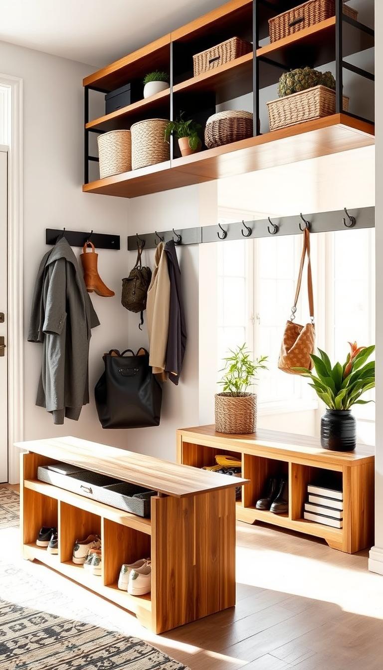A well-lit, inviting entryway with an organized, functional storage system. In the foreground, a stylish wooden bench or console table with open compartments and cubbies for storing shoes, bags, and keys. Above, a series of floating shelves displaying decorative baskets, potted plants, and other organizational accents. In the middle ground, a sleek, minimalist coat rack or wall-mounted hooks for hanging jackets, umbrellas, and scarves. The background features a bright, airy space with natural light streaming in through large windows, creating a sense of openness and calm. The overall aesthetic is a harmonious blend of form and function, showcasing clever storage solutions that declutter and streamline the entryway.