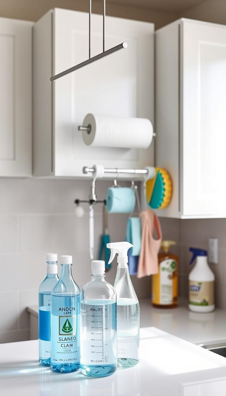 A well-lit kitchen countertop with various cleaning bottles and supplies neatly organized using tension rods. In the foreground, a set of transparent glass bottles filled with cleaning solutions are suspended from the tension rods, creating a visually appealing and functional display. In the middle ground, additional tension rods hold paper towels, sponges, and other cleaning accessories, all within easy reach. The background features a minimalist, modern kitchen environment with white cabinets and a neutral tile backsplash, providing a clean and clutter-free backdrop. The overall scene conveys a sense of efficiency, organization, and a practical approach to keeping a tidy and functional kitchen space.