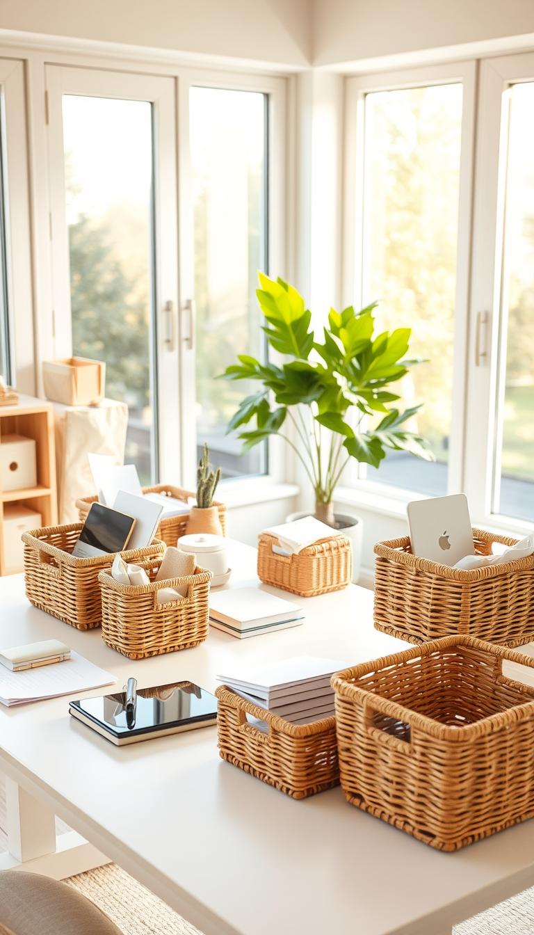 A well-lit modern home office with an abundance of natural light streaming through large windows. On a clean, minimalist desk, a variety of matching wicker baskets and rattan bins in neutral tones neatly organize office supplies, documents, and personal items. The arrangement is visually pleasing, creating a sense of order and tranquility. The scene is captured from a slightly elevated angle, highlighting the clean, uncluttered aesthetic. Warm, golden lighting casts a soft glow, adding to the calming ambiance. The overall mood is one of simplicity, efficiency, and effortless style.