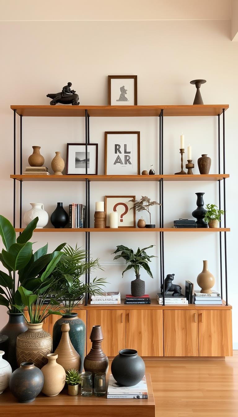 A well-lit, spacious interior with a set of wooden shelves displaying a variety of objects of contrasting heights. In the foreground, a cluster of decorative vases, books, and plants create a visually appealing arrangement. The middle ground features a mix of framed artwork, candles, and sculptural pieces, each elevated on the shelves to add depth and dimension. The background showcases a minimalist wall, allowing the diverse shelf layout to take center stage. The lighting is soft and warm, accentuating the textures and colors of the objects. The overall scene conveys a sense of balance, harmony, and intentional styling.