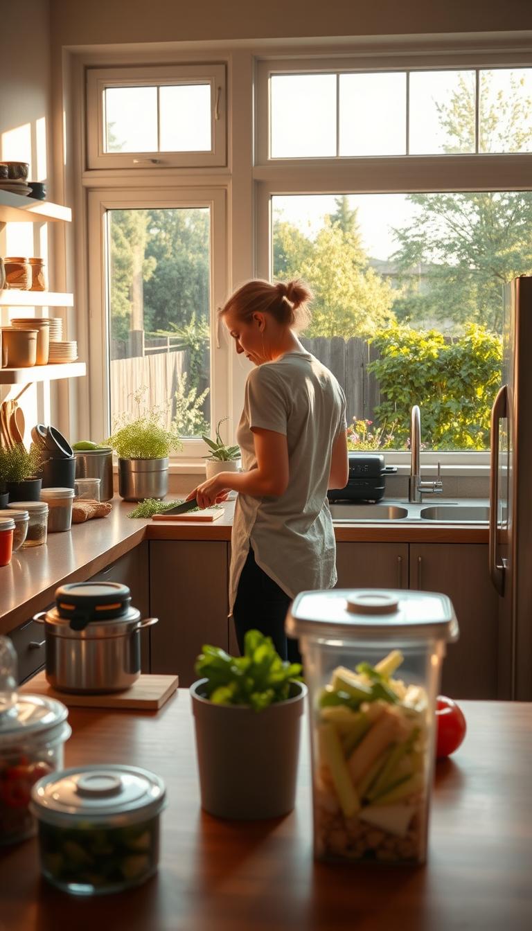 A well-organized and sustainably-minded kitchen, bathed in warm natural light. In the foreground, a person carefully chopping fresh vegetables, surrounded by neatly arranged cookware and reusable food containers. Midground showcases a composting bin and a water-efficient appliance. In the background, a large window overlooks a lush, green backyard garden, hinting at the home's eco-friendly lifestyle. The scene evokes a sense of mindfulness, efficiency, and a harmonious connection between the indoor and outdoor spaces.