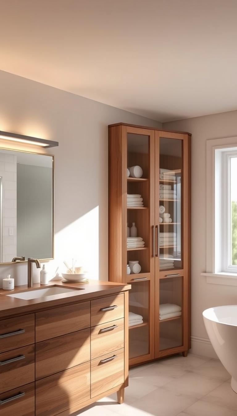 A well-organized bathroom with an array of sleek, minimalist storage solutions. In the foreground, a wood-toned vanity with multiple drawers and a large mirror, softly illuminated by warm overhead lighting. In the middle ground, a cabinet with transparent glass doors revealing neatly arranged toiletries and towels. The background showcases a simple, tiled backsplash and a window allowing natural light to stream in, creating a serene, spa-like atmosphere. The overall scene conveys a sense of order, efficiency, and a touch of elegance.