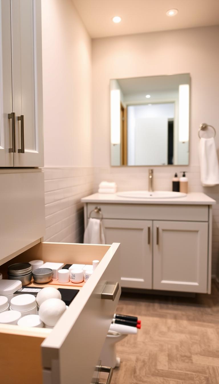 A well-organized bathroom with neatly arranged drawers and cabinets. In the foreground, an open drawer reveals carefully sorted toiletries, cotton balls, and makeup items. The middle ground showcases a sleek vanity with a minimalist design, complemented by a large wall-mounted mirror that reflects the efficient storage solutions. The background features a tiled backsplash in a serene, muted color palette, creating a calming and cohesive visual. The lighting is soft and warm, accentuating the clean, modern aesthetic. The overall atmosphere conveys a sense of tranquility and control, reflecting the "Bathroom Drawer & Under-Sink Refresh" theme.
