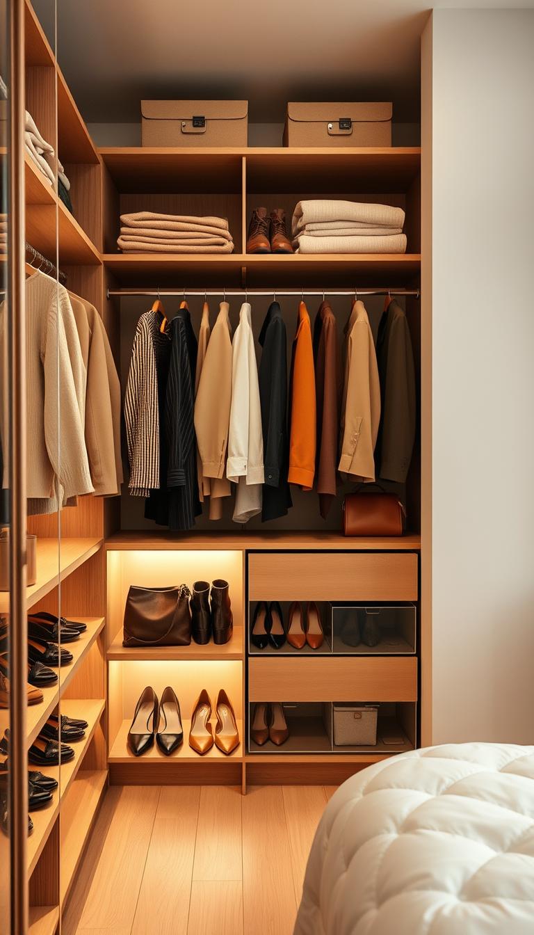A well-organized bedroom closet with neatly arranged clothing, shoes, and accessories. The space is bathed in warm, diffused lighting that creates a cozy, inviting atmosphere. Wooden shelves and hanging rods showcase a minimalist wardrobe in earthy tones. Carefully folded sweaters, slacks, and blouses are displayed with precision. Shoes are lined up symmetrically on shelves, while handbags and scarves are stored in clear acrylic drawers. The overall impression is one of calm, serene simplicity, reflecting a streamlined and aesthetically pleasing approach to wardrobe organization.