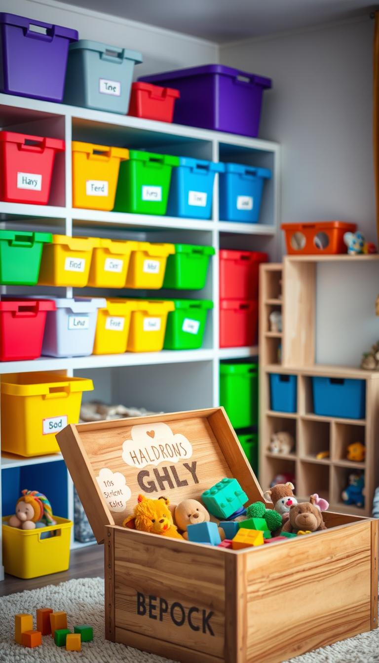 A well-organized children's bedroom with vibrant, colorful toy storage bins neatly arranged on shelves. Soft, diffuse lighting illuminates the space, creating a warm and inviting atmosphere. The bins are in a variety of sizes and shapes, each labeled with their contents to easily identify and access toys. In the foreground, a wooden toy box sits open, revealing a selection of plush animals and building blocks. The background showcases a cozy reading nook with a small bookshelf, encouraging imaginative play and learning. The overall scene conveys a sense of order, tranquility, and a child-friendly environment.