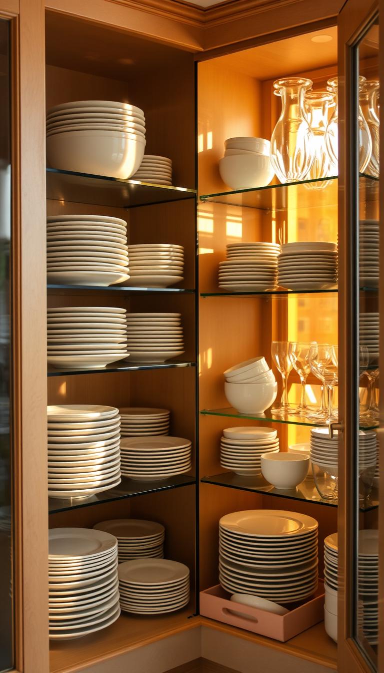 A well-organized dish cabinet with meticulously arranged plates, bowls, and glassware. The cabinet interior is bathed in warm, natural light filtering through a window, casting a soft glow on the neatly stacked dishware. Glass shelves showcase the items, allowing them to be easily accessed and displayed. Dividers and trays keep everything in its designated spot, creating a harmonious and efficient storage solution. The overall scene exudes a sense of calm, order, and intentionality, reflecting the carefully curated contents within. A well-organized dish cabinet with meticulously arranged plates, bowls, and glassware. The cabinet interior is bathed in warm, natural light filtering through a window, casting a soft glow on the neatly stacked dishware. Glass shelves showcase the items, allowing them to be easily accessed and displayed. Dividers and trays keep everything in its designated spot, creating a harmonious and efficient storage solution. The overall scene exudes a sense of calm, order, and intentionality, reflecting the carefully curated contents within.
