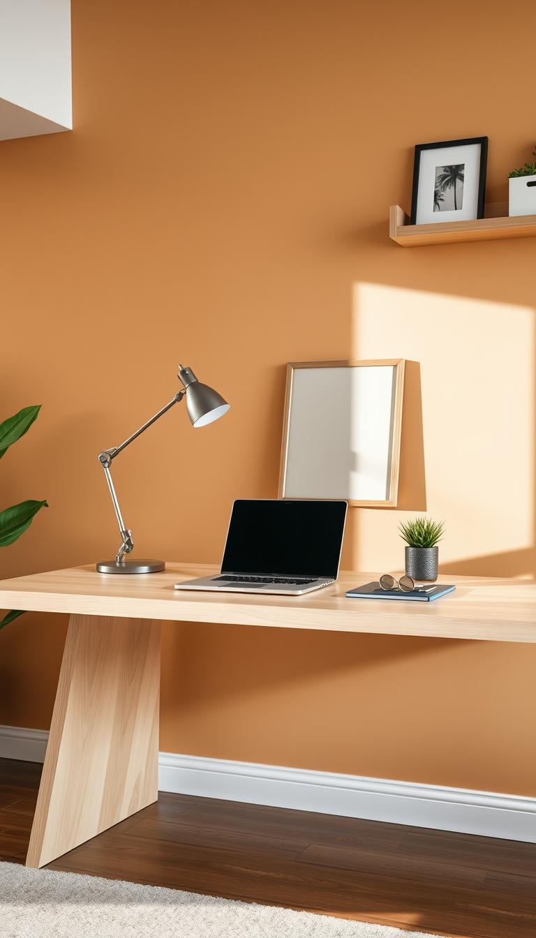 A well-organized home office desk with a clean, minimalist design. The desk is made of light-colored wood, with a sleek, floating look. On the desk, there is a laptop, a stylish desk lamp, and a few neatly arranged office supplies like a pen holder, a small plant, and a coaster. The background features a warm, neutral-toned wall, with a few framed art pieces or shelves for additional storage and decor. The lighting is soft and natural, creating a calm, productive atmosphere. The overall composition is balanced, inviting, and reflects a sense of order and efficiency.