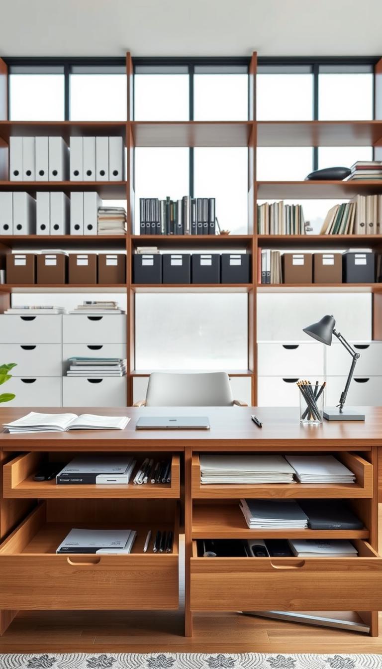 A well-organized home office with a clean, minimalist desk showcasing efficient storage solutions. In the foreground, a sleek wooden desk with discreet drawers and compartments to neatly contain paperwork, stationery, and office supplies. The middle ground features a sturdy bookshelf with labeled bins and trays, providing ample space for files, documents, and reference materials. The background depicts a bright, airy room with large windows allowing natural light to flood the space, creating a calm and productive atmosphere. The scene is captured with a wide-angle lens, highlighting the harmonious integration of form and function for a clutter-free, aesthetically pleasing home office setup.