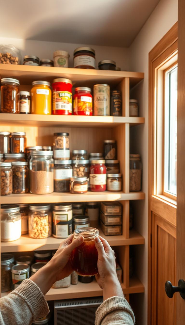 A well-organized pantry, with neatly arranged shelves displaying a variety of jars, cans, and dry goods. The lighting is warm and soft, casting a cozy glow over the scene. The shelves are made of natural wood, complementing the earthy tones of the stored items. In the foreground, a pair of hands carefully place a jar of homemade jam, while in the background, a window allows natural light to filter in, creating a sense of openness and airiness. The overall atmosphere is one of calm, efficiency, and a love for home organization. A well-organized pantry, with neatly arranged shelves displaying a variety of jars, cans, and dry goods. The lighting is warm and soft, casting a cozy glow over the scene. The shelves are made of natural wood, complementing the earthy tones of the stored items. In the foreground, a pair of hands carefully place a jar of homemade jam, while in the background, a window allows natural light to filter in, creating a sense of openness and airiness. The overall atmosphere is one of calm, efficiency, and a love for home organization.