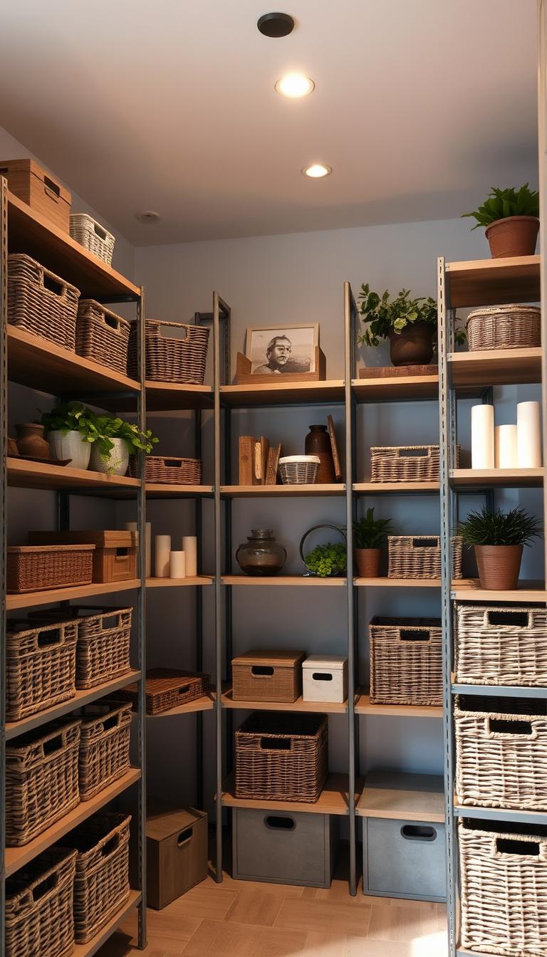 A well-styled shelving unit with a mix of baskets and boxes for hidden storage. The shelves are arranged in a symmetrical layout, with a mix of wood, metal, and natural elements like plants and candles. Soft, directional lighting from above casts a warm glow, creating an inviting and organized atmosphere. The overall aesthetic is minimal, with a touch of rustic charm, showcasing the shelves as the focal point. The camera angle is slightly elevated, capturing the entire shelving unit and highlighting the careful curation of the various storage solutions.