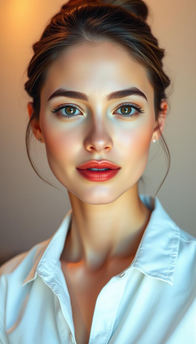 A woman with flawless, luminous skin, her hair styled in a sleek, polished updo. Soft, warm lighting illuminates her delicate features, casting a radiant glow. She wears a classic white button-down shirt, the fabric crisp and tailored, exuding an air of effortless sophistication. Her makeup is subtle yet impactful, with a touch of rosy blush, a defined brow, and a glossy, neutral lip. The background is a serene, minimalist setting, allowing the focus to remain on her polished beauty. Captured from a slightly elevated angle, the image conveys a sense of refinement and elegance.