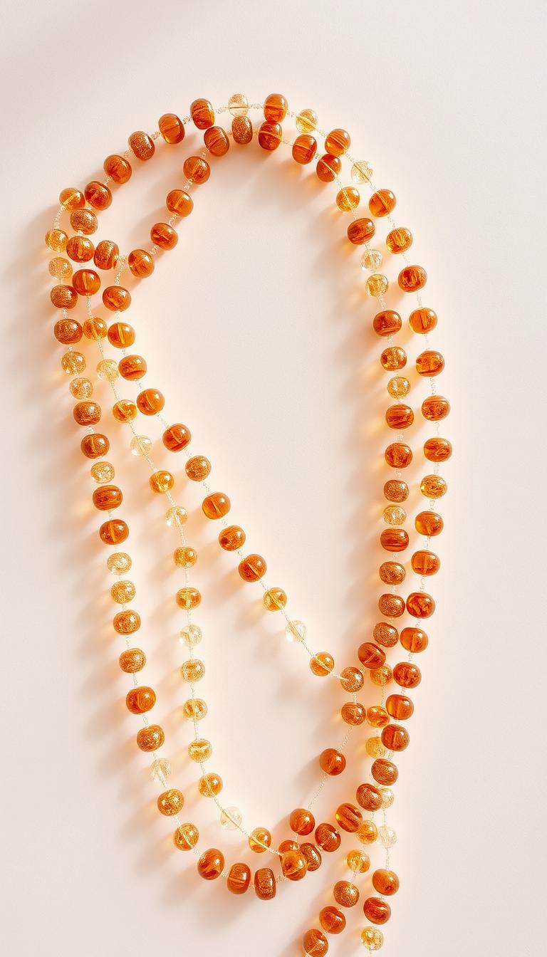 An elegant, intricately crafted beaded garland lies against a soft, evenly lit backdrop. Delicate glass beads in a variety of sizes and hues, from sparkling gold to warm amber, are meticulously strung together in a flowing, organic pattern. The garland appears to be draped in a naturalistic, cascading manner, as if effortlessly arranged. Subtle shadows and highlights accentuate the depth and dimensionality of the beads, creating a sense of luxurious, high-end craftsmanship. The overall scene conveys a mood of sophistication, refinement, and understated glamour, perfectly suited for adorning a DIY home decor project.