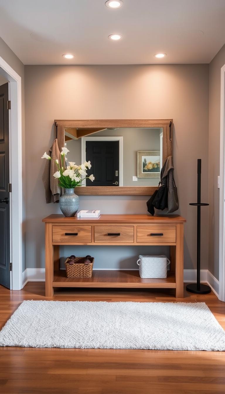 An entryway decluttered and organized with a practical drop-zone setup. A well-designed wooden console table serves as the focal point, adorned with minimalist decor and a sleek vase of fresh flowers. Hanging coat hooks and a stylish umbrella stand provide ample storage space. Warm, diffused lighting from recessed ceiling fixtures creates a cozy ambiance, while a large, distressed mirror reflects the scene, enhancing the illusion of depth. The hardwood floor is neatly arranged with a plush, neutral-toned runner rug, tying the elements together in a cohesive, visually appealing manner.