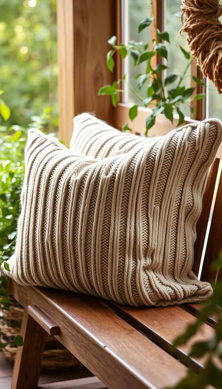 An old, cozy sweater has been skillfully transformed into a charming set of throw pillow covers. The sweater's soft, textured fabric is showcased in a neutral beige hue, lending a rustic, farmhouse-inspired aesthetic. The pillows are placed in a cozy, natural setting, with a warm, gentle light illuminating the scene. The pillows are positioned on a wooden bench or chair, surrounded by lush greenery and perhaps a few other upcycled home decor elements, creating a harmonious and inviting atmosphere. The overall mood is one of warmth, coziness, and the joy of repurposing cherished items into beautiful, functional home accessories.