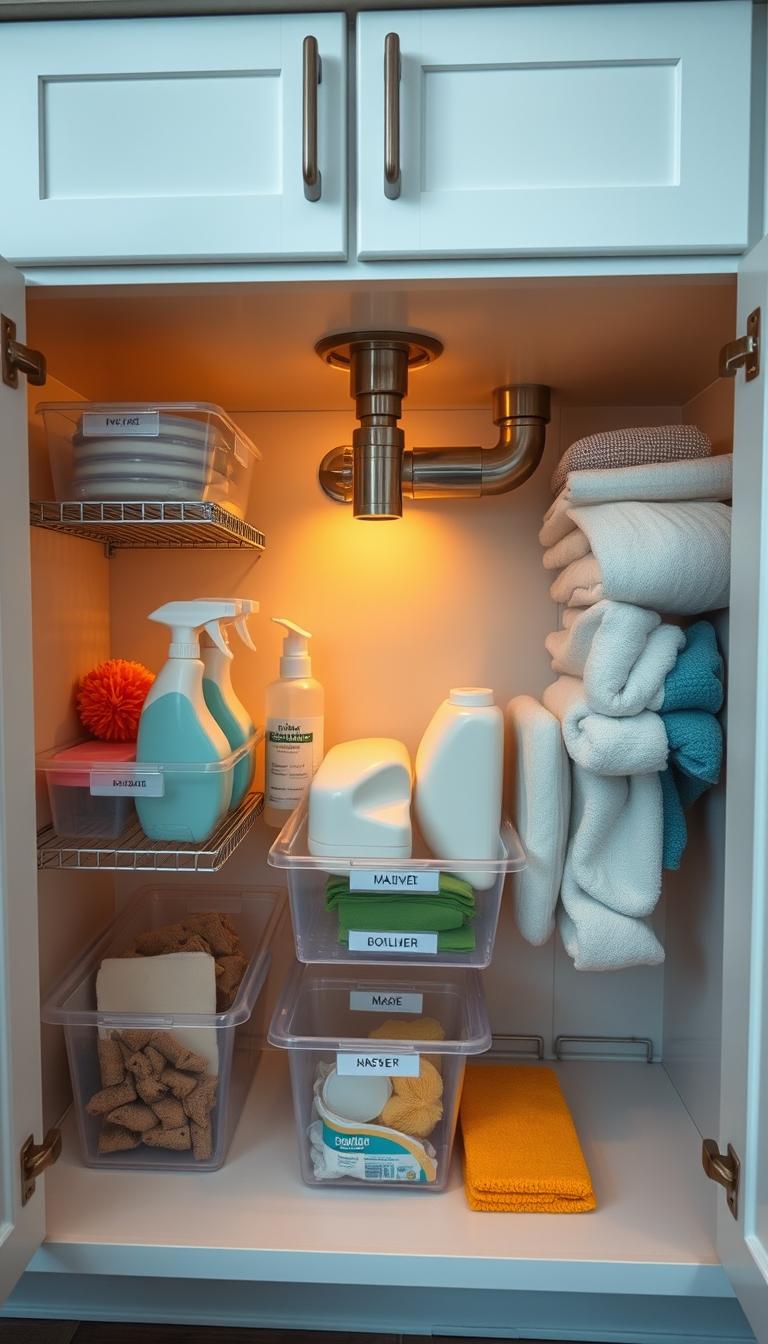 An orderly under-sink cabinet, meticulously organized with clear plastic bins, sleek metal racks, and labeled containers. Soft, warm lighting illuminates the pristine space, highlighting the gleaming stainless steel fixtures and the neat arrangement of cleaning supplies, sponges, and dish towels. The scene conveys a sense of calm and control, with every item in its designated place, ready to streamline daily kitchen tasks. The camera angle provides a clean, unobstructed view, capturing the cabinet's efficient layout and the homeowner's dedication to maintaining a clutter-free, functional space. An orderly under-sink cabinet, meticulously organized with clear plastic bins, sleek metal racks, and labeled containers. Soft, warm lighting illuminates the pristine space, highlighting the gleaming stainless steel fixtures and the neat arrangement of cleaning supplies, sponges, and dish towels. The scene conveys a sense of calm and control, with every item in its designated place, ready to streamline daily kitchen tasks. The camera angle provides a clean, unobstructed view, capturing the cabinet's efficient layout and the homeowner's dedication to maintaining a clutter-free, functional space.
