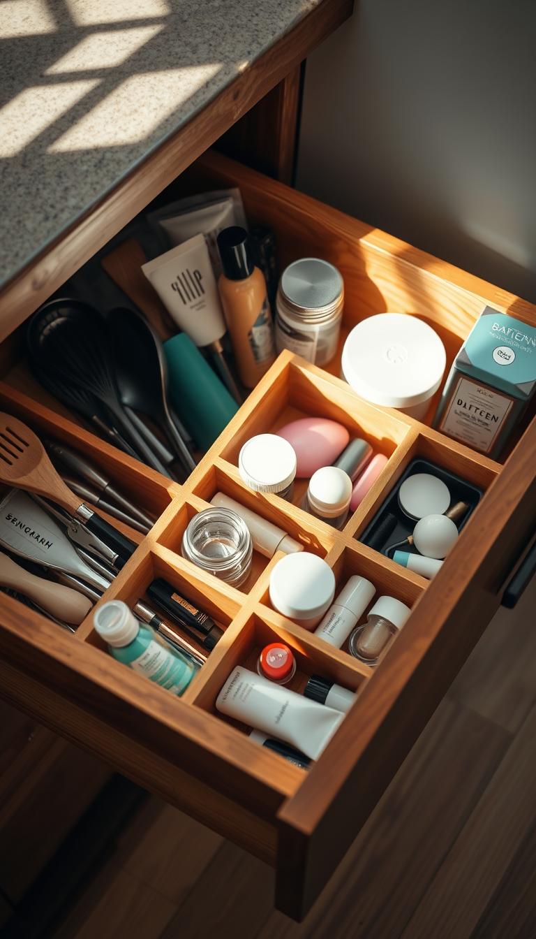 An organized wooden drawer filled with neatly arranged kitchen utensils and beauty items, all tucked into individual compartments. The drawer is illuminated by soft, natural lighting, casting a warm, cozy glow. The overall scene conveys a sense of efficient, clutter-free storage, with each item easily accessible and in its designated space. The background is blurred, keeping the focus on the well-organized drawer contents.