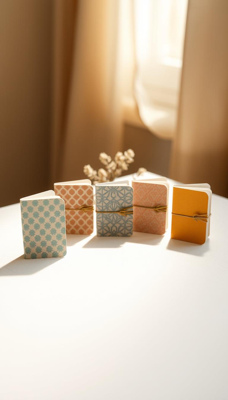 Arrange a carefully composed still life of five miniature paper notebooks in the foreground, each with a distinct pattern or color. The notebooks should be positioned at interesting angles, casting soft shadows on a clean, slightly textured off-white surface. The middle ground features a few simple, understated decorative elements like a sprig of dried flowers or a small quill pen to complement the notebooks. The background is softly blurred, hinting at a warm, natural light source that casts a gentle glow on the scene. Capture the delicate, handcrafted quality of the mini notebooks, inviting the viewer to imagine the creative possibilities they hold.