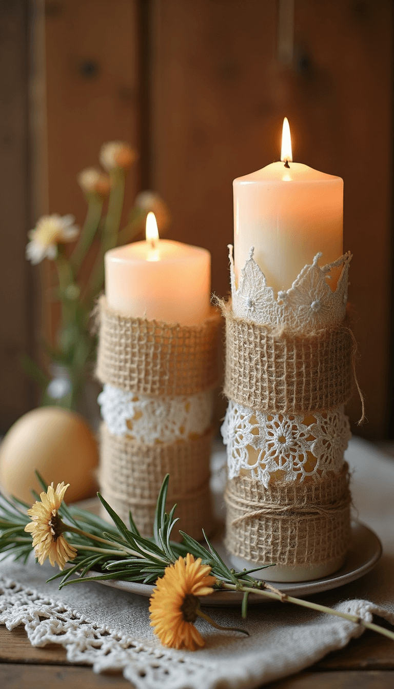 Handmade farmhouse candles decorated with burlap, lace, and twine for rustic home décor.