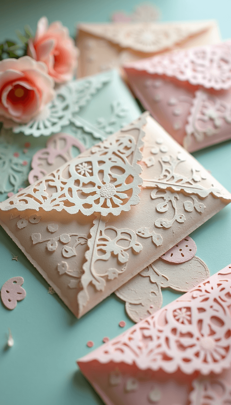 paper doily envelopes in a delicate, lace-like pattern, with intricate cutouts and layered folds that evoke a sense of vintage charm. The envelopes should be adorned with a soft, pastel color palette of pale pink, baby blue, and mint green, with subtle texture and dimensionality that gives the impression of being crafted from real paper doilies. Each envelope should have a unique, irregular shape, with subtle variations in size and design to create a sense of organic, handmade quality. 