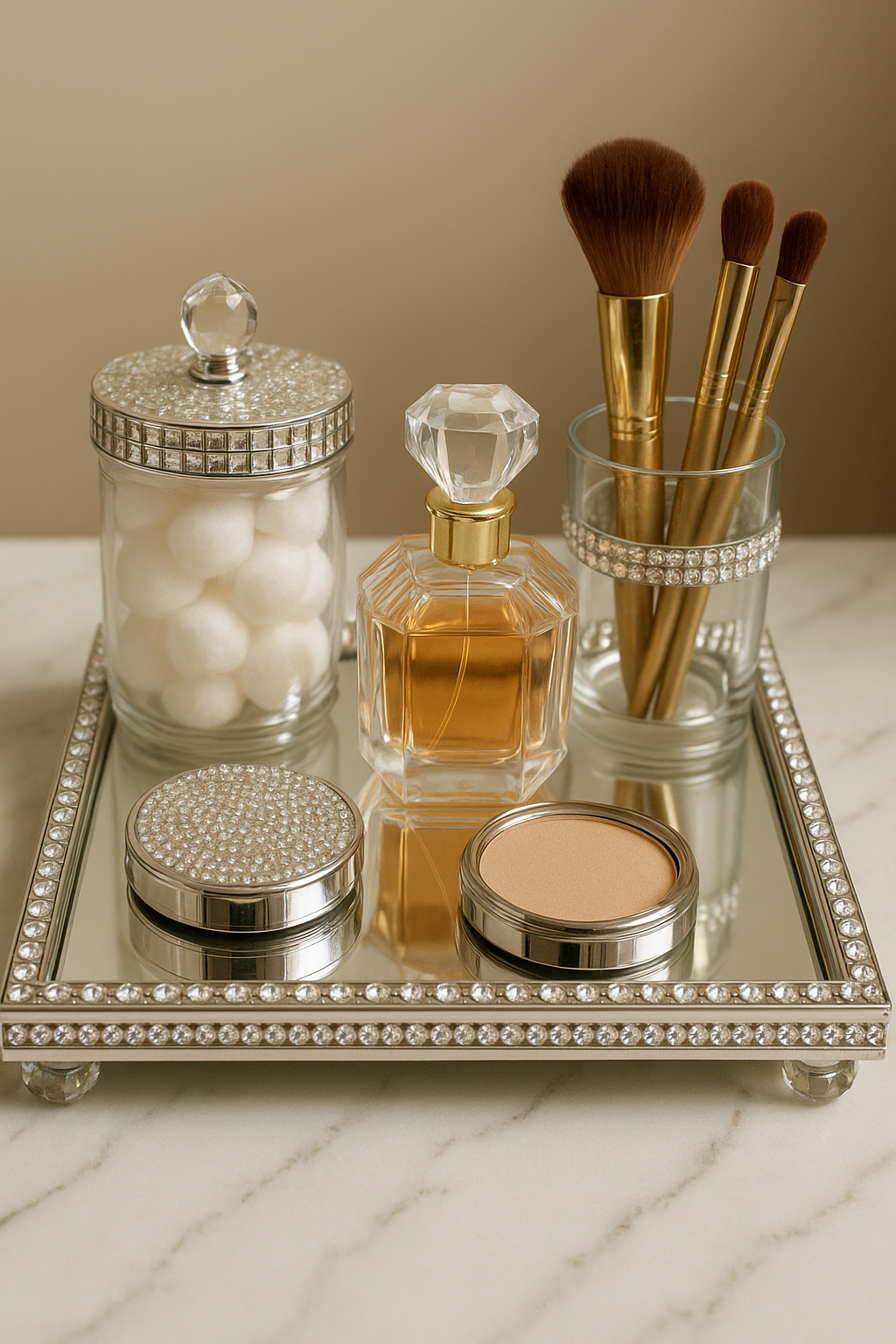 Luxury vanity tray with makeup brushes and perfume.