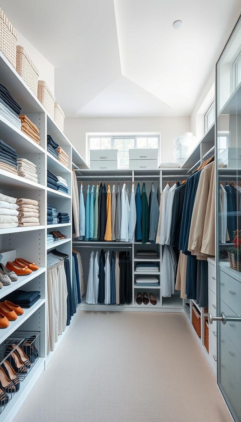Closet with perfectly organized wardrobe. Bright, airy room with large windows letting in natural light. Shelves lined with neatly folded clothes, shirts, and pants in coordinated color palettes. Shoes displayed on tiered racks, accessories stored in clear containers. Ample space for hanging dresses, coats, and blazers. Soft, neutral tones create a serene, calming atmosphere. Camera angle from slightly above, showcasing the tidy, streamlined layout. High-resolution, 4K, professional photography, editorial style. Closet with perfectly organized wardrobe. Bright, airy room with large windows letting in natural light. Shelves lined with neatly folded clothes, shirts, and pants in coordinated color palettes. Shoes displayed on tiered racks, accessories stored in clear containers. Ample space for hanging dresses, coats, and blazers. Soft, neutral tones create a serene, calming atmosphere. Camera angle from slightly above, showcasing the tidy, streamlined layout. High-resolution, 4K, professional photography, editorial style.