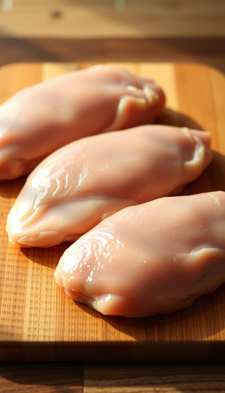 Closeup of three juicy, boneless, skinless chicken breasts arranged neatly on a wooden cutting board. The chicken has a moist, tender appearance and a light golden hue, as if lightly seasoned. The board is illuminated by warm, natural lighting from the side, casting soft shadows and highlighting the delicate texture of the meat. The overall atmosphere is simple, clean, and inviting, showcasing the essential, high-quality ingredients needed for a delicious home-cooked meal.
