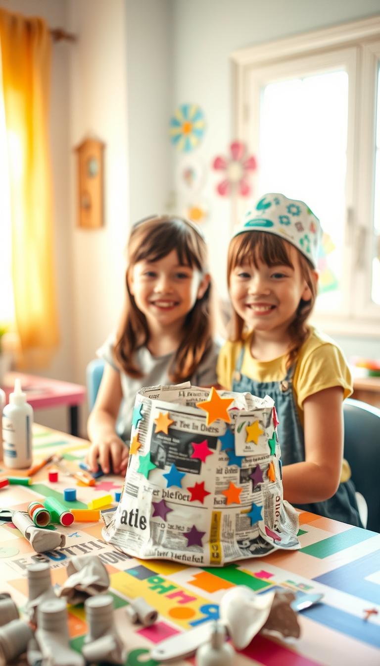 Create a vibrant scene showcasing kids crafting newspaper hats. In the foreground, depict two children, a boy and a girl, sitting at a colorful crafting table covered with scissors, glue, and crumpled newspaper pieces. They wear cheerful, modest casual clothing, focused on their creative project with smiles on their faces. In the middle ground, add a partially constructed newspaper hat with bright decorations like colorful stickers and markers. The background features a cozy, sunlit room with playful wall art, and a window allowing natural light to pour in, creating a warm, inviting atmosphere. Incorporate a soft focus to enhance the dreamy, playful mood of a craft activity day.