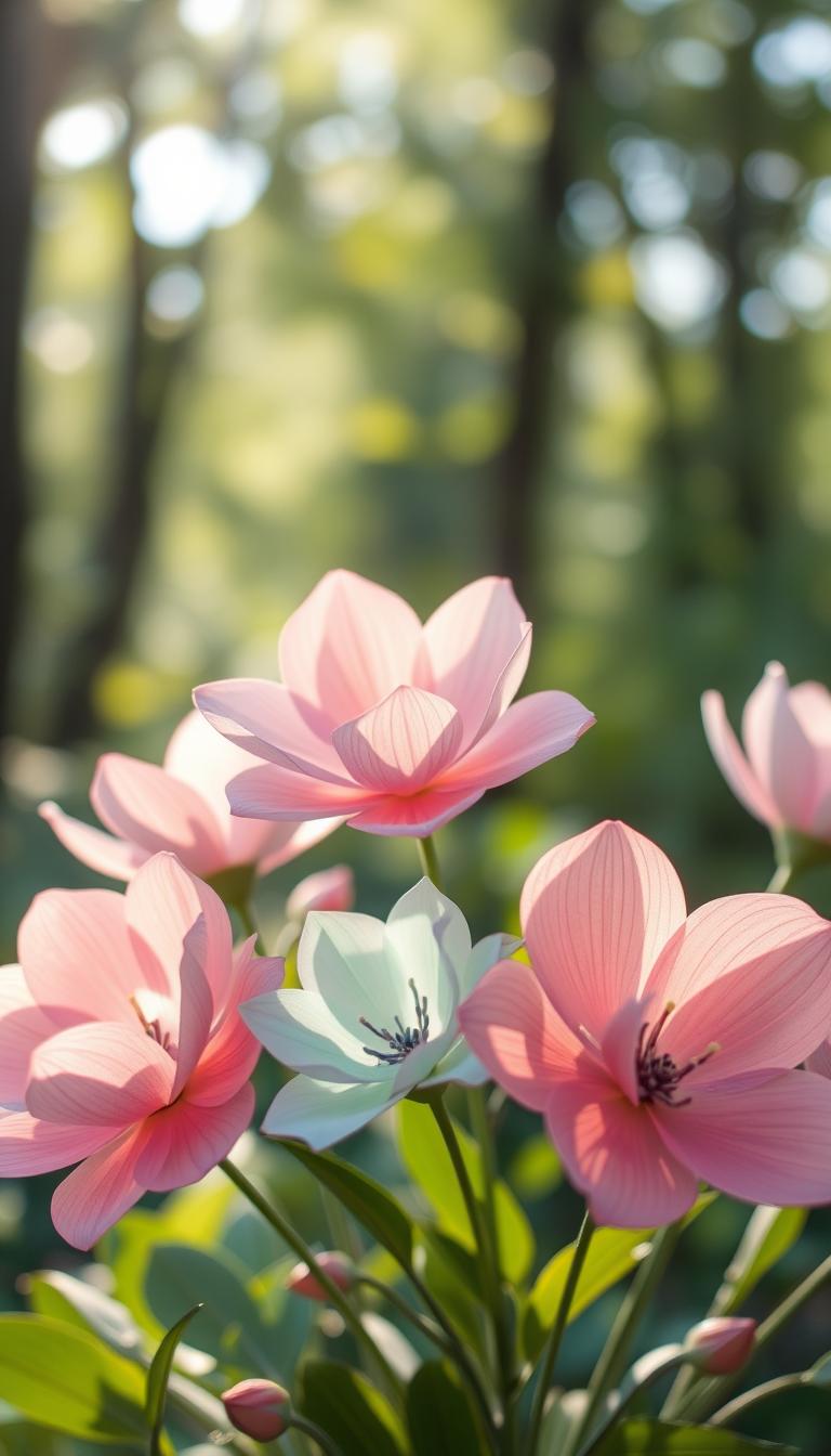Delicate paper flowers blooming in a serene, natural setting. Soft, textured petals in a variety of pastel hues - pink, lavender, mint - arranged in a natural, asymmetric composition. The flowers are illuminated by warm, diffused lighting, casting gentle shadows that add depth and dimension. The background is a tranquil, out-of-focus forest scene, with hints of verdant foliage and dappled sunlight filtering through the canopy. The overall mood is one of calm, beauty, and handcrafted elegance, reflecting the artistry and creativity of paper flower making.