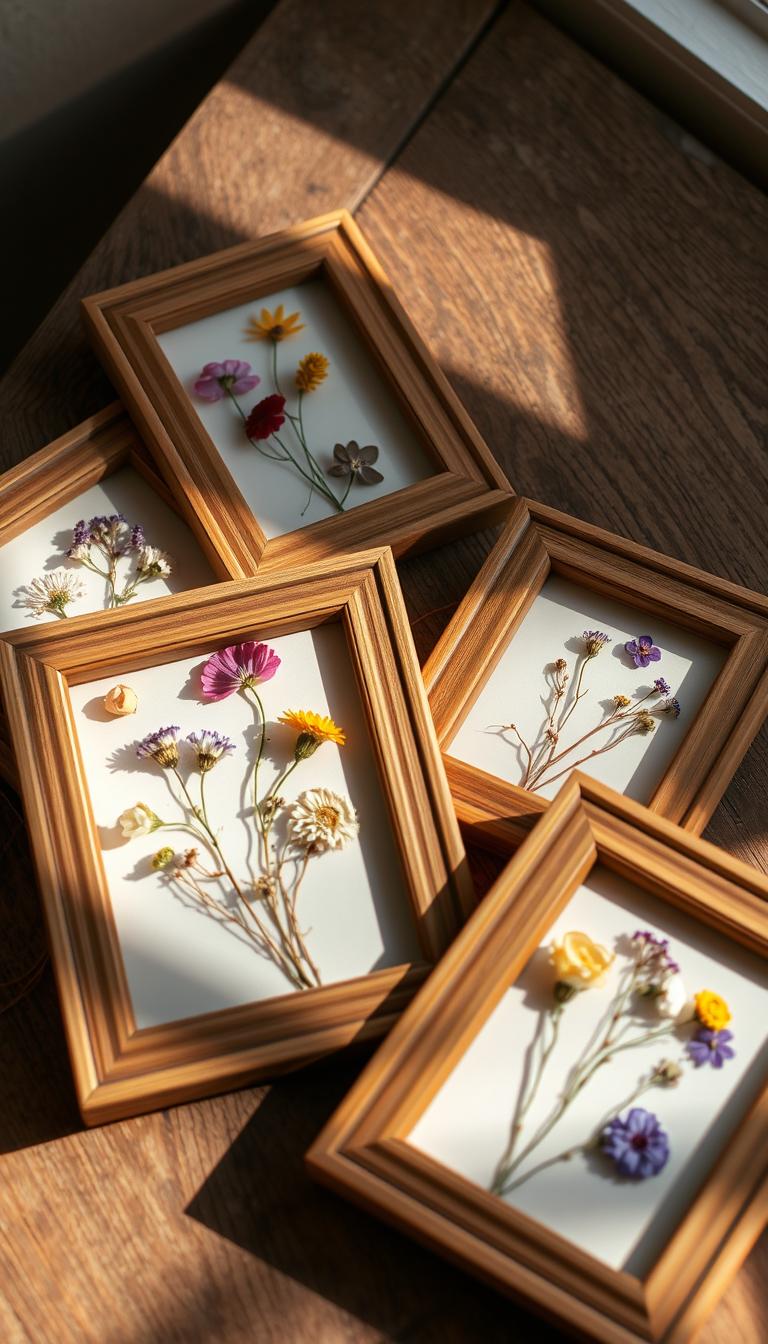 Delicate pressed flowers arranged in elegant wooden picture frames, resting on a rustic wooden surface. Soft natural lighting casts a warm, vintage glow, highlighting the vibrant hues and intricate textures of the preserved blooms. The frames are positioned at various angles, creating a charming, artisanal display. A sense of tranquility and timeless beauty pervades the scene, inviting the viewer to pause and appreciate the simple pleasures of handcrafted home decor.