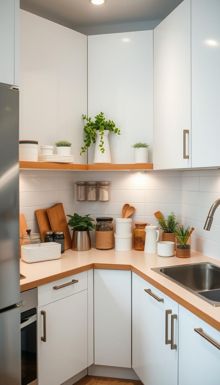 Detailed kitchen countertop and cabinet organization. Well-lit modern kitchen interior with freshly cleaned surfaces, neatly arranged containers, jars, and kitchen tools. Minimalist color palette with white, wood tones, and pops of green from plants. Carefully curated selection of essential items, everything in its designated spot. Overhead lighting casts a warm glow, highlighting the tidy, functional layout. Sleek, handleless cabinets with clean lines. Uncluttered, serene atmosphere promoting productivity and zen-like calm.