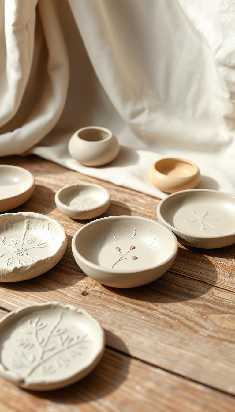 Elegant air-dry clay trinket dishes arranged on a rustic wooden surface. In the foreground, handcrafted bowls and plates in soft neutral tones, textured with organic patterns. A central dish showcases a delicate floral design. In the middle ground, additional clay pieces in complementary shapes and hues. The background features a natural linen cloth, its soft folds creating a warm, inviting atmosphere. Gentle studio lighting casts soft shadows, accentuating the artisanal quality of the handmade ceramics. An serene, minimalist composition highlighting the beauty of simple, handcrafted home decor.