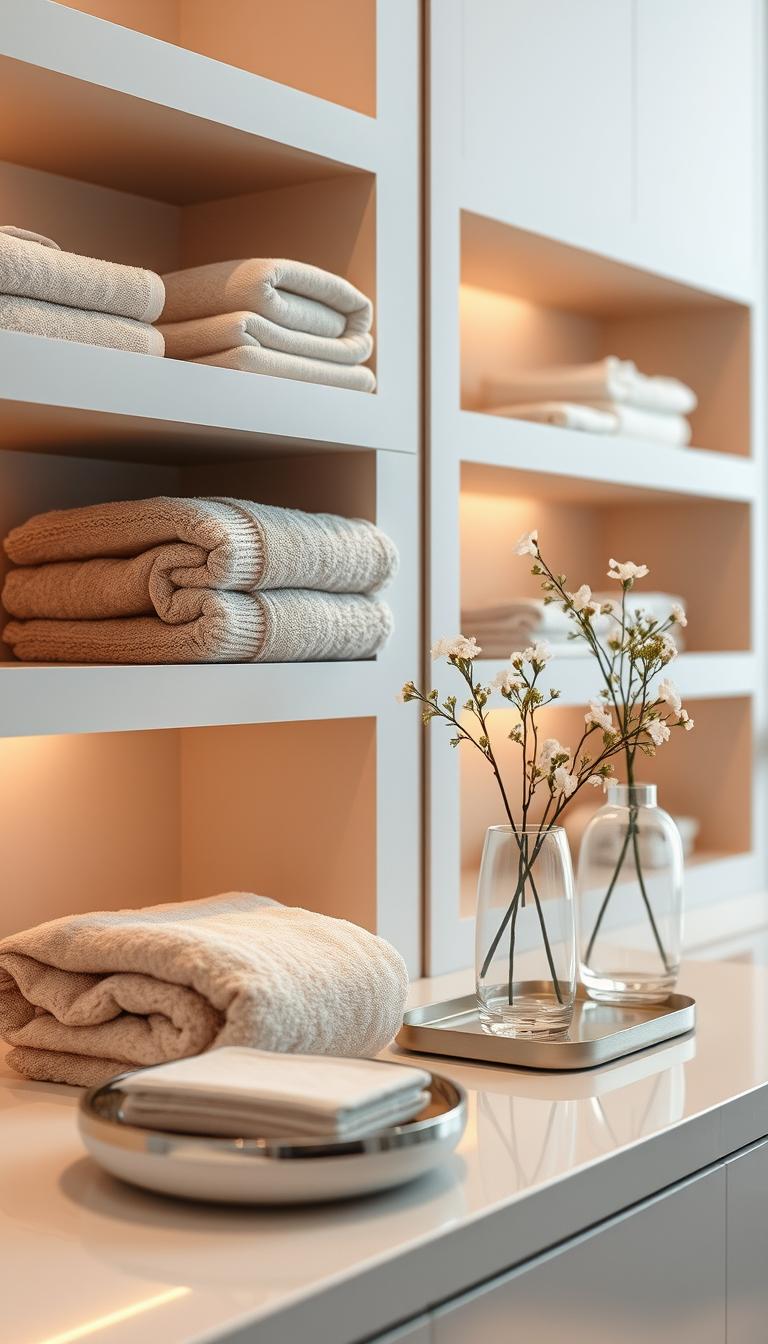 Elegant bathroom accessories arranged in a harmonious composition, illuminated by soft, warm lighting. A row of plush, fluffy towels in muted tones, neatly folded and displayed against a backdrop of sleek, minimalist shelves. Nearby, a crystal-clear glass vase filled with delicate flowers adds a touch of natural beauty. Smooth, polished surfaces and clean lines create an atmosphere of refined sophistication, inviting the viewer to imagine a serene, spa-like experience. Elegant bathroom accessories arranged in a harmonious composition, illuminated by soft, warm lighting. A row of plush, fluffy towels in muted tones, neatly folded and displayed against a backdrop of sleek, minimalist shelves. Nearby, a crystal-clear glass vase filled with delicate flowers adds a touch of natural beauty. Smooth, polished surfaces and clean lines create an atmosphere of refined sophistication, inviting the viewer to imagine a serene, spa-like experience.