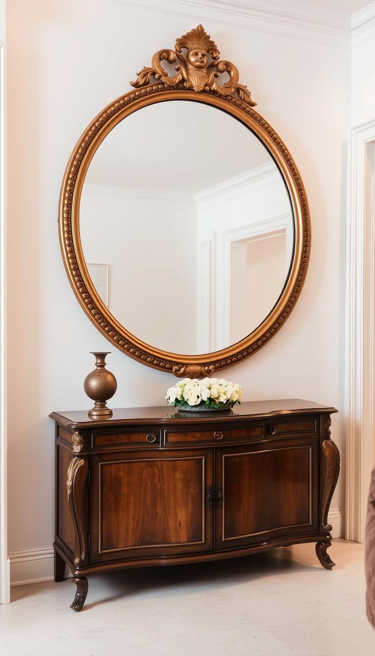 Elegant entryway with a large, round mirror in an ornate, gilded frame. The mirror is positioned above a vintage, wooden console table, creating a focal point in the space. Soft, warm lighting illuminates the scene, casting a cozy and inviting atmosphere. The mirror's surface reflects the light, creating a sense of depth and amplifying the illusion of space. The background features clean, white walls, allowing the mirror and console to stand out prominently. The overall composition evokes a sense of refined sophistication and timeless style.