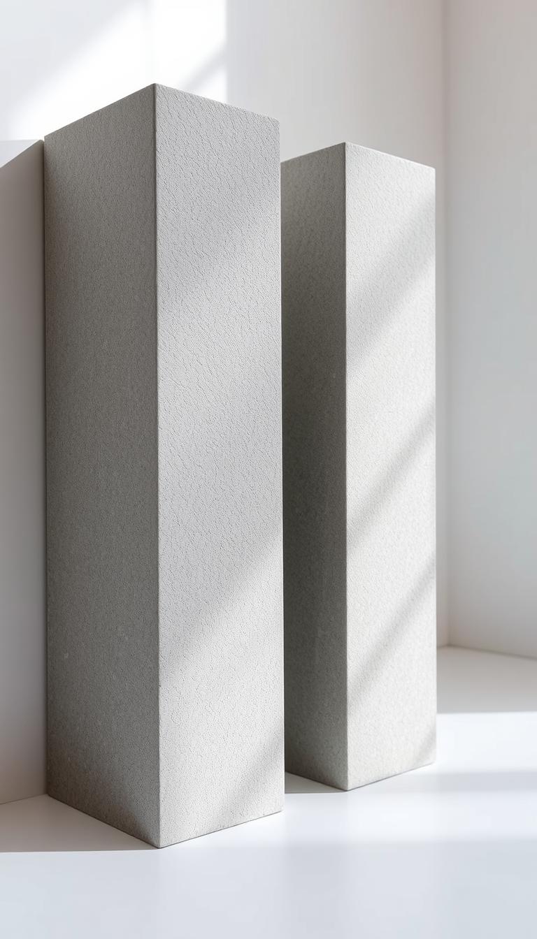 Finely crafted faux stone bookends, set against a minimalist backdrop. Textured surface mimics natural stone, with subtle variations in hue and pattern. Tall, sturdy blocks in a neutral grey tone, their solid presence commanding attention. Soft, diffused lighting casts gentle shadows, highlighting the depth and dimensionality of the fabricated material. The bookends are framed by a clean, white environment, allowing their tactile quality to shine. An air of sophisticated simplicity pervades the scene, inviting the viewer to imagine these bookends as the perfect complement to a well-curated collection of books.