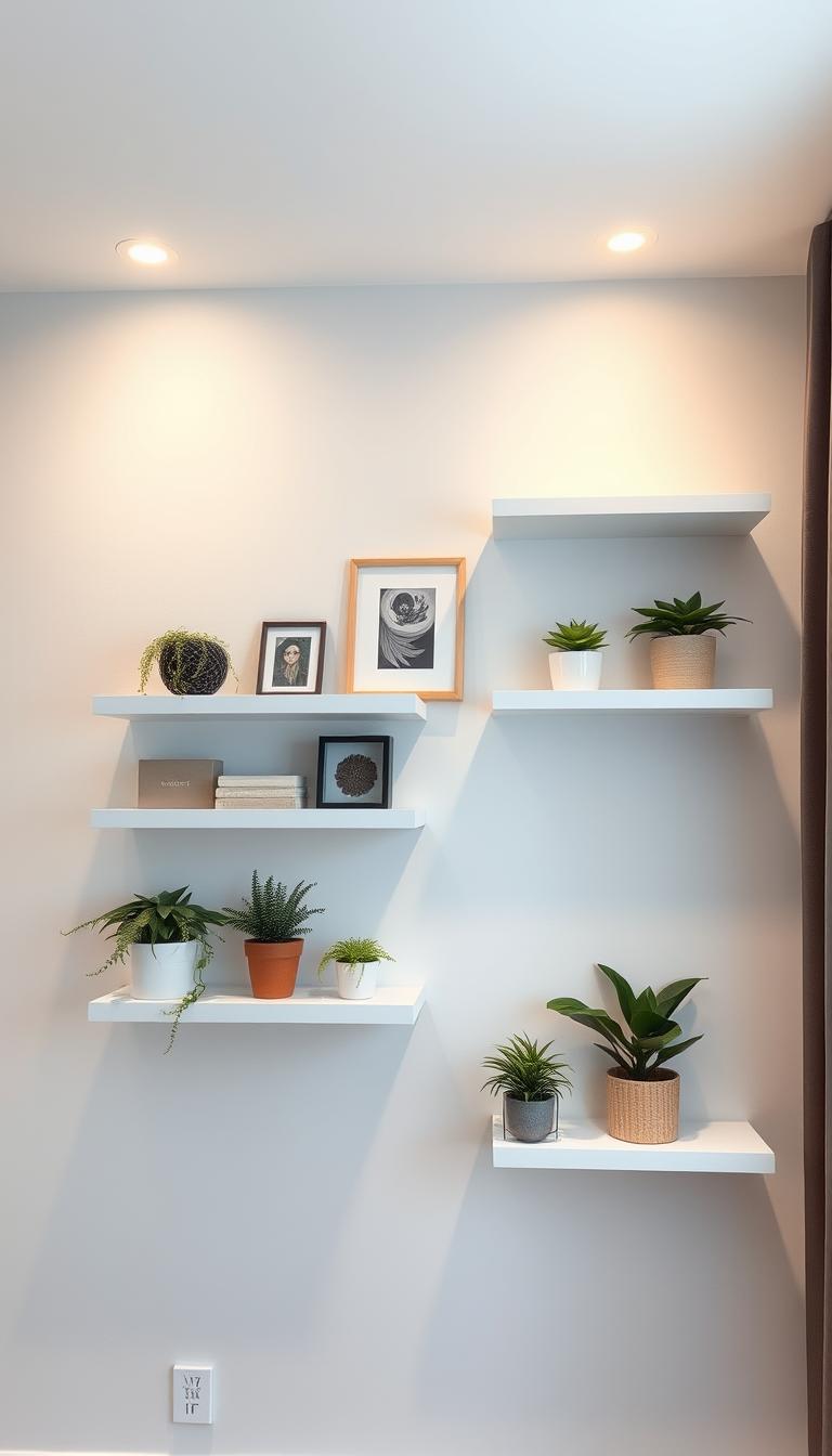 Floating shelves for organized, minimalist apartment living. White floating shelves mounted on a light gray wall, casting soft shadows. The shelves display a few decorative items, potted plants, and a small framed artwork. Warm, diffused lighting from recessed ceiling fixtures illuminates the scene. The overall impression is one of clean, uncluttered style that maximizes vertical space in a cozy, urban setting. Floating shelves for organized, minimalist apartment living. White floating shelves mounted on a light gray wall, casting soft shadows. The shelves display a few decorative items, potted plants, and a small framed artwork. Warm, diffused lighting from recessed ceiling fixtures illuminates the scene. The overall impression is one of clean, uncluttered style that maximizes vertical space in a cozy, urban setting.