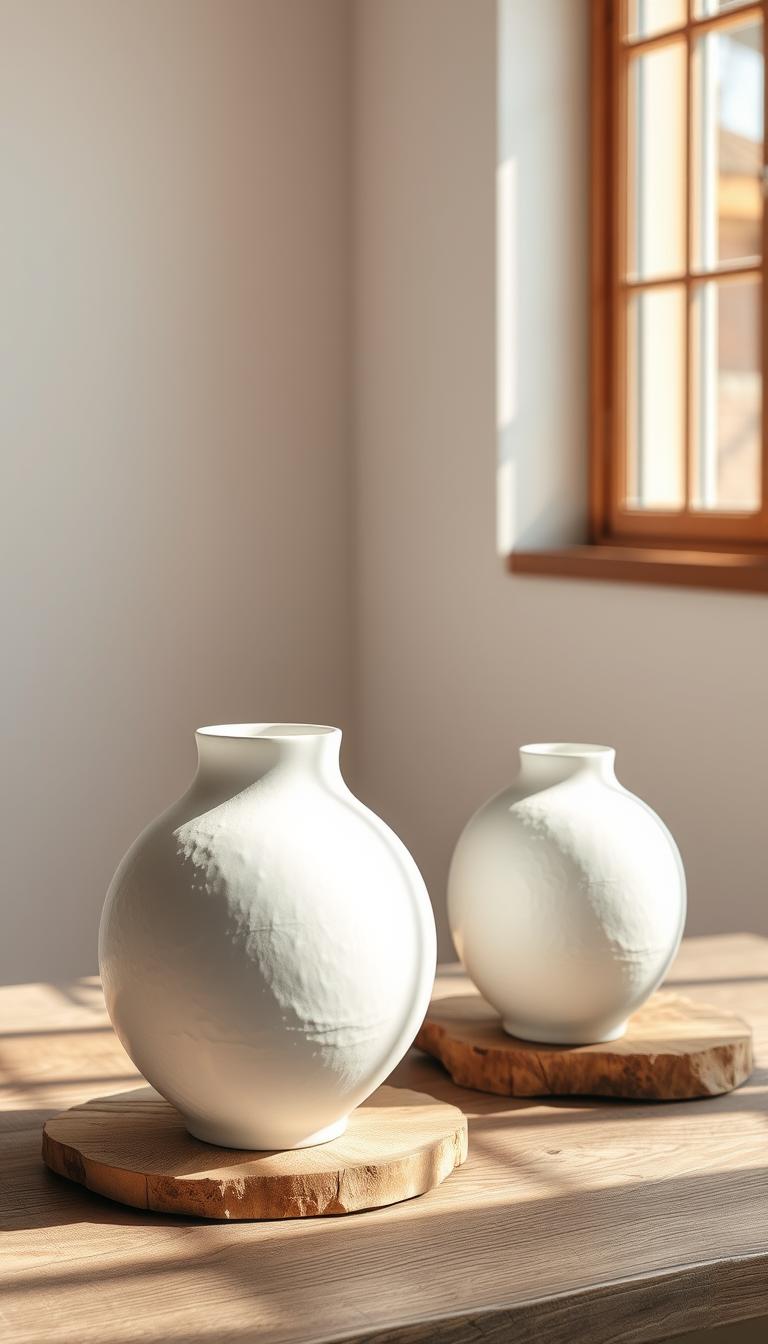 High-end faux ceramic vases in a natural light-filled studio setting. Delicate yet sturdy matte white ceramic vessels with a subtle embossed texture, casting gentle shadows. Positioned on a rustic wooden surface, arranged in an artful, asymmetric composition. Soft, diffused natural lighting from a large window illuminates the vases from the side, creating warm highlights and shadows that accentuate their organic forms. The background is a clean, minimalist backdrop, allowing the vases to be the focal point. An atmosphere of refined elegance and understated sophistication.