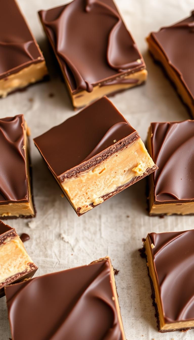 High-quality, close-up image of freshly made peanut butter chocolate bars, with a smooth, glossy chocolate topping and a thick, creamy peanut butter filling. The bars are arranged attractively on a clean, neutral background, capturing the rich, indulgent texture and appearance of the no-bake treat. Lighting is soft and natural, highlighting the sheen of the chocolate and the contrast between the dark chocolate and light peanut butter. The composition emphasizes the appetizing, homemade quality of the bars, inviting the viewer to imagine the delicious, melt-in-your-mouth experience of enjoying them.