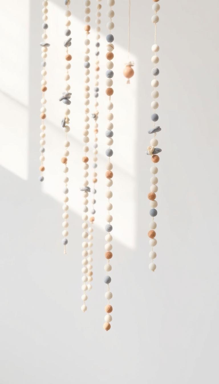 Minimalist bead garlands, delicately suspended in natural light. Soft, diffused illumination casts a warm glow upon clusters of muted beads in an array of neutral tones - ivory, taupe, and soft gray. The garlands are artfully draped across a clean, white backdrop, creating a serene, understated composition. A sense of balance and harmony pervades the scene, reflecting the simplistic beauty of this handcrafted decor. The camera focuses sharply on the intricate textures and subtle variations of the beads, emphasizing their tactile, artisanal quality. An overall mood of tranquility and refined elegance pervades the image.