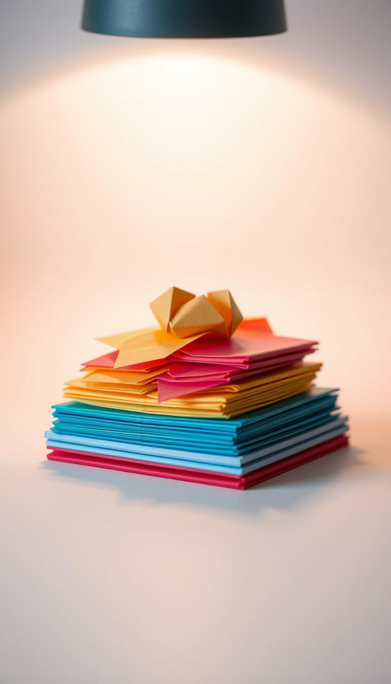 Origami bookmarks in an elegant still life arrangement. A stack of delicately folded paper in vibrant hues, each one a unique geometric design. The bookmarks are positioned on a smooth, light-colored surface, catching the soft, diffused lighting from an overhead source. The background is softly blurred, allowing the origami pieces to take center stage. The overall mood is serene, highlighting the intricate beauty and craftsmanship of these handmade paper creations.