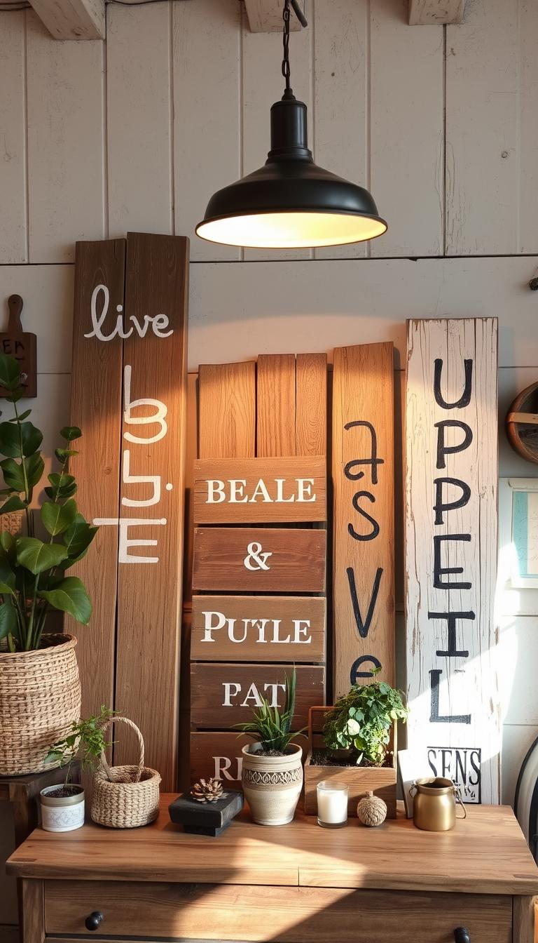 Painted wooden signs in a rustic, charming setting. Weathered planks in earthy tones, with playful, hand-painted designs and typography. Textures of distressed wood, cracked paint, and natural imperfections. Soft, warm lighting from an overhead lamp casts gentle shadows, creating a cozy, intimate atmosphere. The signs are arranged artfully, leaning against a whitewashed wall or propped on a wooden table, surrounded by complementary decor elements like potted plants, woven baskets, and vintage trinkets. An inviting, homespun aesthetic that captures the essence of handmade, DIY-inspired home accents.