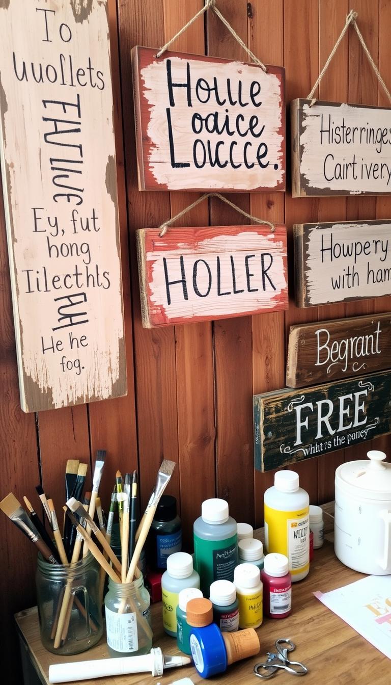 Painted wooden signs, weathered and textured, hanging against a backdrop of rustic wood paneling. In the foreground, various hand-painted designs and messages, each with its own unique charm and character. The signs are illuminated by warm, soft lighting, casting gentle shadows and highlighting the natural grain of the wood. In the middle ground, a collection of paintbrushes, jars of paint, and other crafting supplies, suggesting a recent creative session. The overall atmosphere is cozy, inviting, and infused with a sense of homemade artistry.