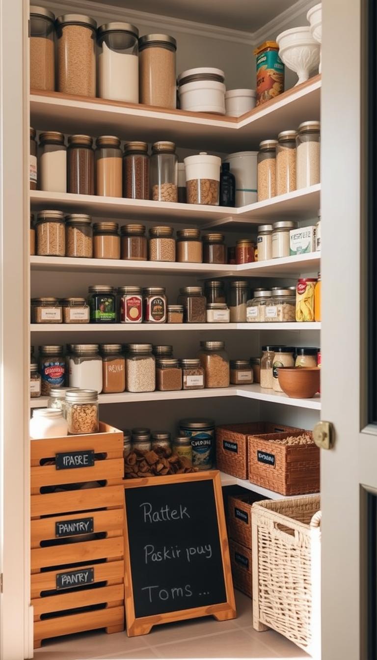 Pantry with neatly arranged shelves, featuring glass jars, labeled containers, and a variety of dry goods. Soft natural lighting casts a warm glow, highlighting the efficient organization. The shelves are tiered, allowing easy access to all items. In the foreground, a chalkboard label system clearly identifies the contents of each section. Wooden crates and baskets add a touch of rustic charm, while the overall layout promotes a sense of order and visual harmony. The scene conveys a feeling of calm, inviting the viewer to imagine a well-organized and functional pantry.