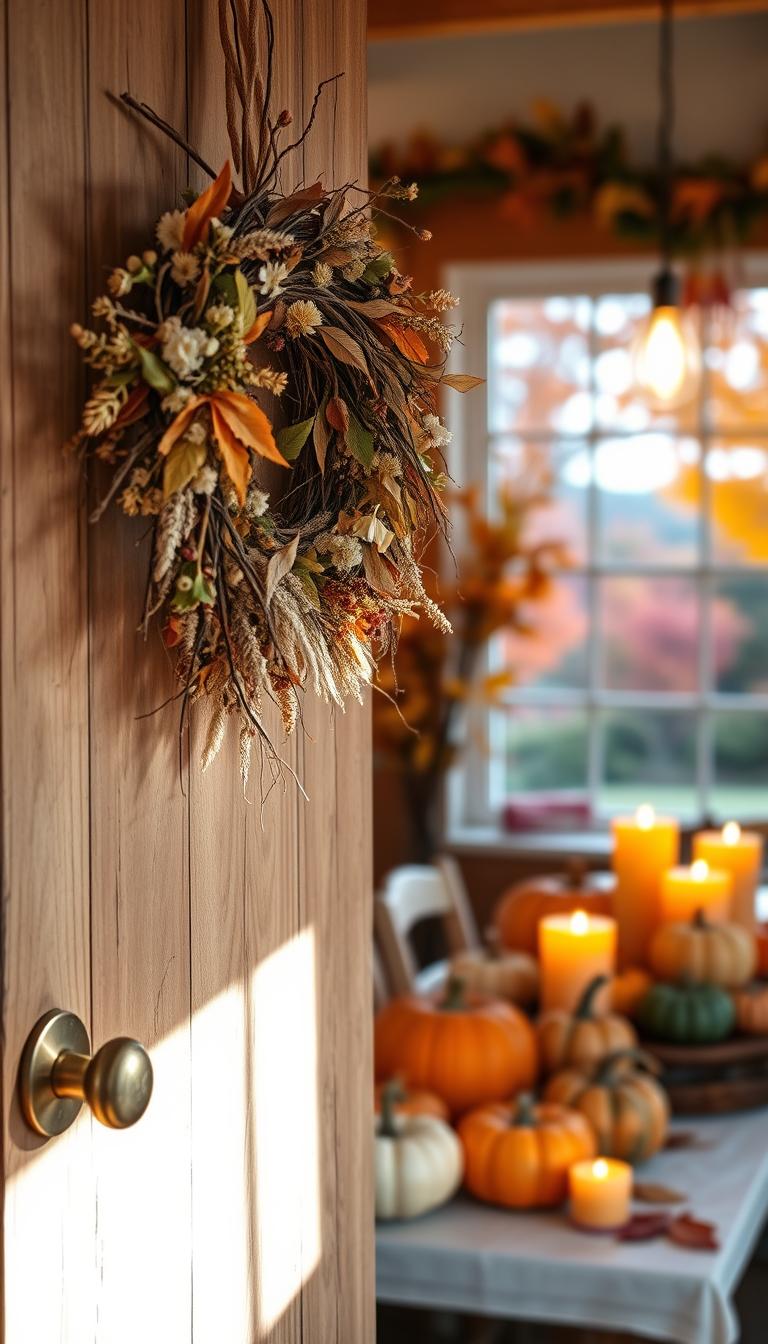 Seasonal home decorations with a vibrant, cozy autumn theme. In the foreground, a DIY wreath made of dried flowers, leaves, and twigs hangs on a rustic wooden door. In the middle ground, a table displays an assortment of pumpkins, gourds, and candles, casting a warm, amber glow. The background features a window overlooking a scenic landscape with colorful fall foliage. The lighting is soft and diffused, creating a inviting, homely atmosphere. The overall composition conveys a sense of seasonal change and a celebration of nature's bounty.