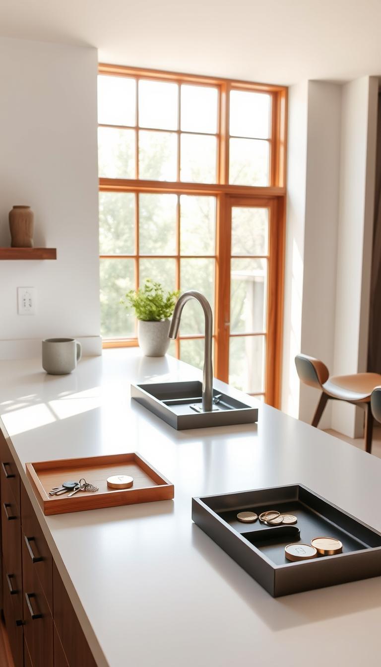 Sleek, minimalist countertop trays in a well-lit, airy kitchen. Soft natural lighting filters through large windows, casting a warm glow on the clean surfaces. Trays in various shapes and materials - smooth wood, matte ceramic, brushed metal - neatly organize small items like keys, coins, and trinkets. A sense of order and calm pervades the scene, reflecting an effortless, clutter-free aesthetic. The trays blend seamlessly into the kitchen's streamlined design, providing practical storage solutions that elevate the space.