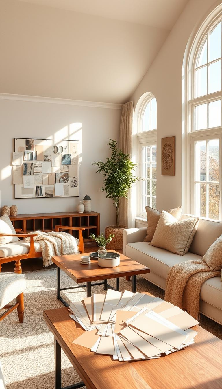 Soft, cozy paint shades in neutral tones of ivory, beige, and taupe fill a well-lit living room, casting a warm glow. Sunlight streams through large windows, highlighting the natural textures of wood furniture and plush fabrics. An assortment of paint color swatches, some pinned to a mood board, others fanned out on a low table, provide inspiration for the perfect hue to create a comforting, inviting atmosphere. The room has a sense of tranquility, with minimal decor allowing the subtle tones to shine. A sense of balance and harmony pervades, reflecting the peaceful, relaxing mood the homeowner wishes to achieve. Soft, cozy paint shades in neutral tones of ivory, beige, and taupe fill a well-lit living room, casting a warm glow. Sunlight streams through large windows, highlighting the natural textures of wood furniture and plush fabrics. An assortment of paint color swatches, some pinned to a mood board, others fanned out on a low table, provide inspiration for the perfect hue to create a comforting, inviting atmosphere. The room has a sense of tranquility, with minimal decor allowing the subtle tones to shine. A sense of balance and harmony pervades, reflecting the peaceful, relaxing mood the homeowner wishes to achieve.