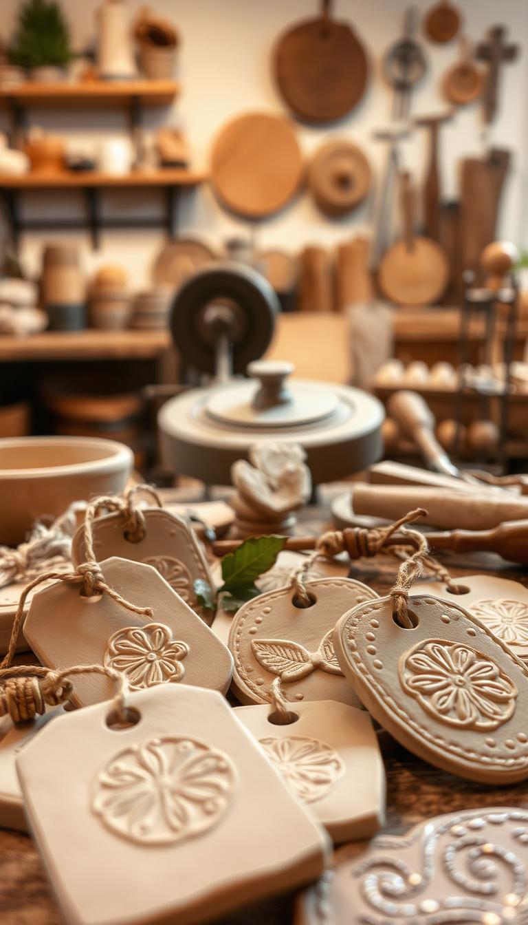 Stamped clay gift tags, handcrafted with intricate patterns and textures. In the foreground, clay tags in neutral tones with embossed designs, adorned with natural elements like leaves or flowers. The middle ground showcases the process, with a potter's wheel, sculpting tools, and a selection of stamping tools. The background is a rustic, warm-lit workspace, hinting at the maker's studio with wooden shelves and earthy accents. Soft, diffused lighting casts gentle shadows, highlighting the tactile quality of the clay. The overall mood is one of artisanal craftsmanship, inviting the viewer to imagine the thoughtful process behind each unique gift tag.