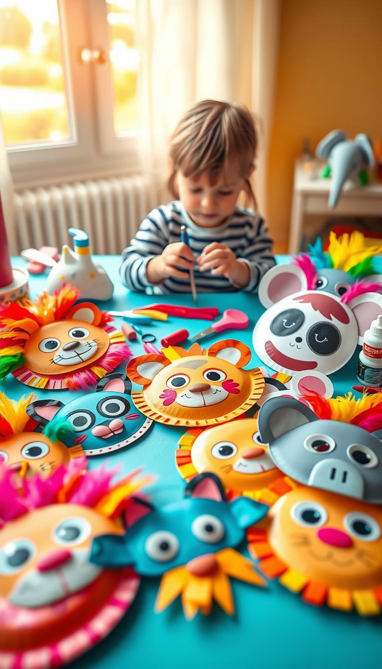 Vibrant and colorful paper plate animal masks scattered on a bright, engaging background. In the foreground, showcase a variety of masks depicting cheerful animals like lions, pandas, and elephants, embellished with colorful feathers, googly eyes, and playful expressions. In the middle ground, include a child's hands actively working on crafting a mask, surrounded by art supplies like scissors, glue, and paint. The background features a soft, warm light streaming in from a window, casting gentle shadows and creating a lively atmosphere. The overall mood is creative and inspiring, encouraging children to engage in fun, artistic projects that spark their imagination.